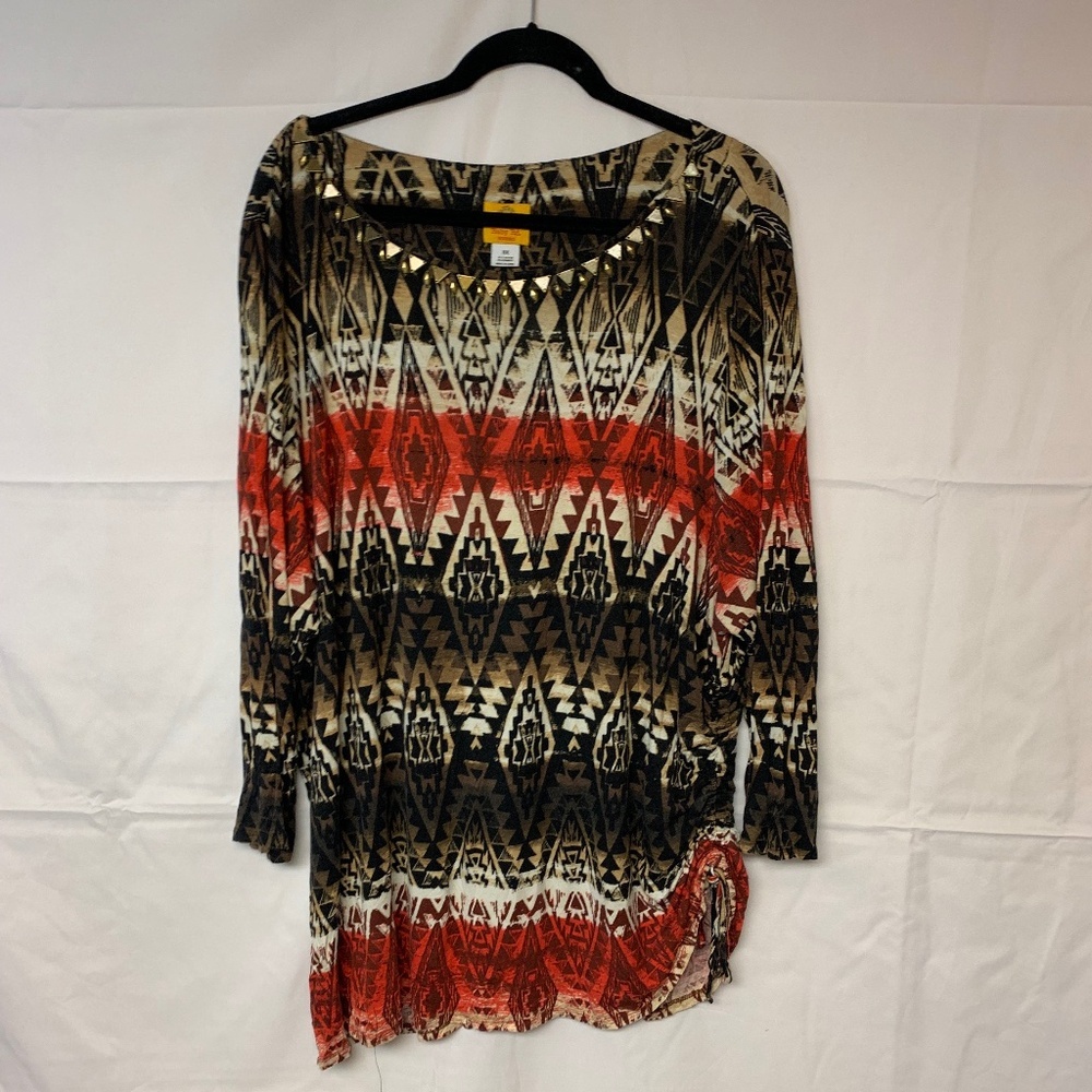 Ruby Road blouse SZ 3X plus beaded Aztec print red, brown & black tunic causal